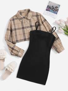 SHEIN Girls Solid Dress With Tartan Blouse - Multicolor - View 1