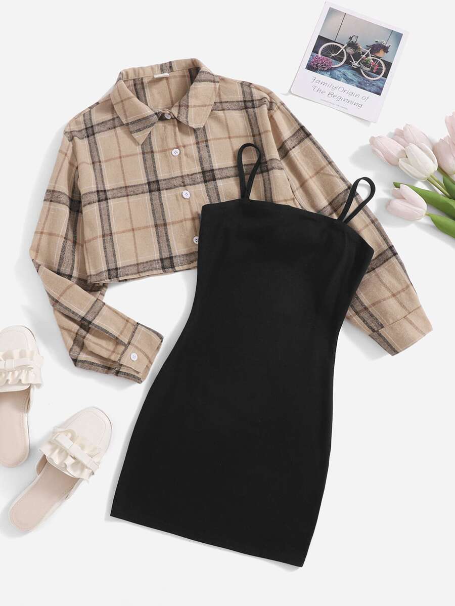 SHEIN Girls Solid Dress With Tartan Blouse - Multicolor - View 1