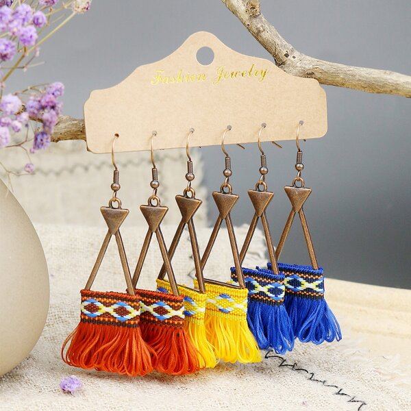 

3pairs Tassel Decor Drop Earrings, Multicolor