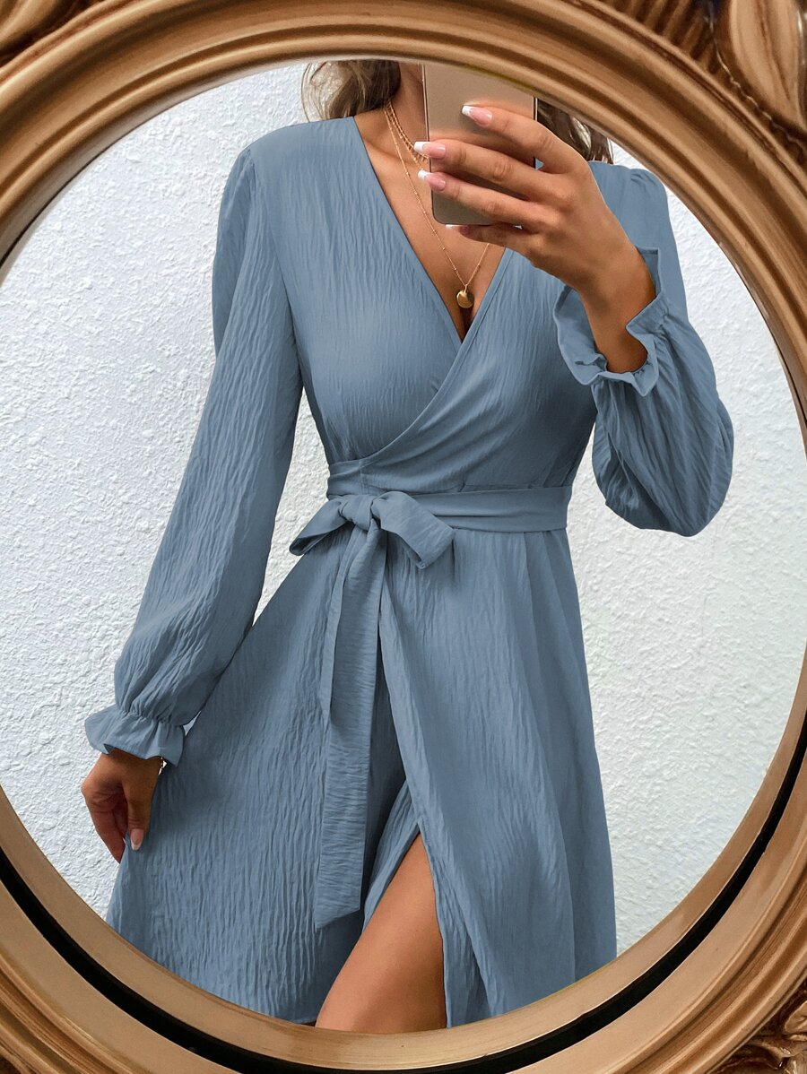 Chiquease Đầm Thắt lưng Xù Trọn gói màu trơn Giải trí - Màu xanh bụi bặm - Xem 1