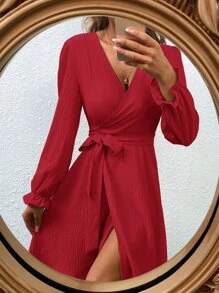 SHEIN Privé Surplice Neck Belted Lantern Sleeve Dress - Red - View 3