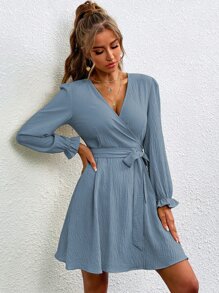 Chiquease Đầm Thắt lưng Xù Trọn gói màu trơn Giải trí - Màu xanh bụi bặm - Xem 5