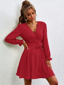 SHEIN Privé Surplice Neck Belted Lantern Sleeve Dress - Red - View 5