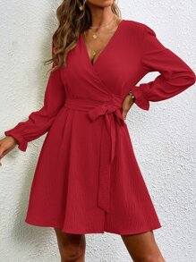 SHEIN Privé Surplice Neck Belted Lantern Sleeve Dress - Red - View 6