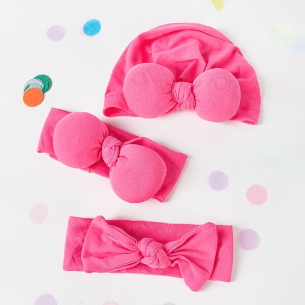 

Baby Bow Decor Hat & 2pcs Headband, Hot pink