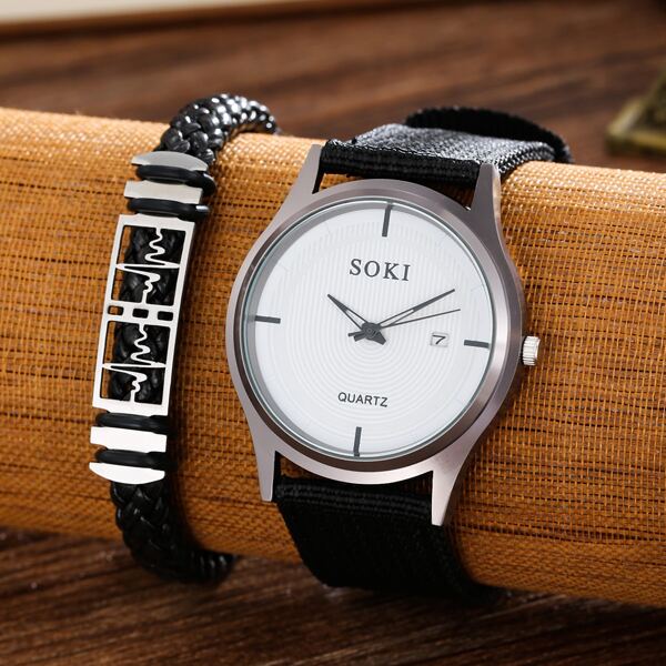 

1pc Men Round Pointer Date Quartz Watch & 1pc Bracelet