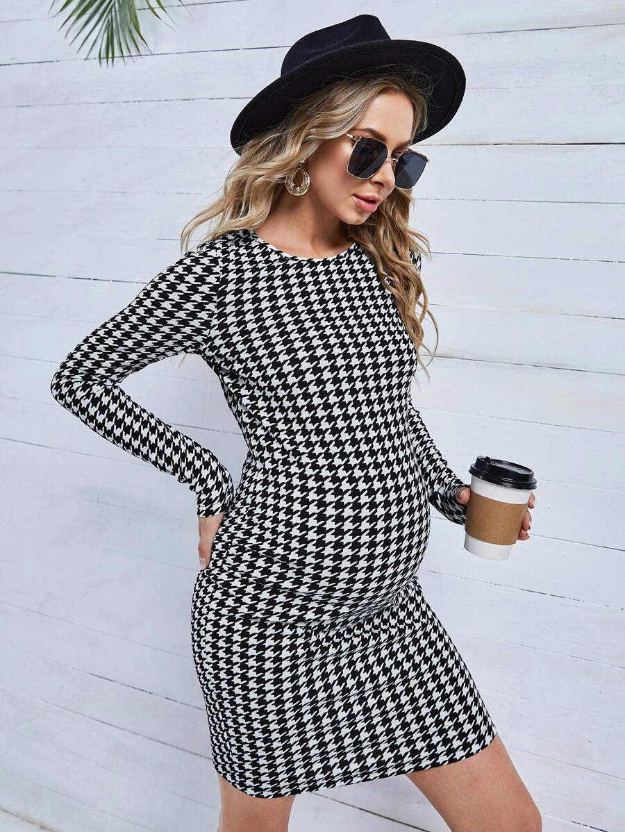 SHEIN Maternity Houndstooth Print Bodycon Dress - Black and White - View 1