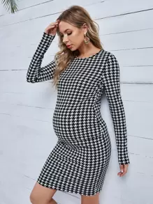 SHEIN Maternity Houndstooth Print Bodycon Dress - Black and White - View 3