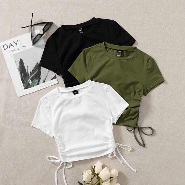 

3pcs Drawstring Ruched Side Tee, Multicolor