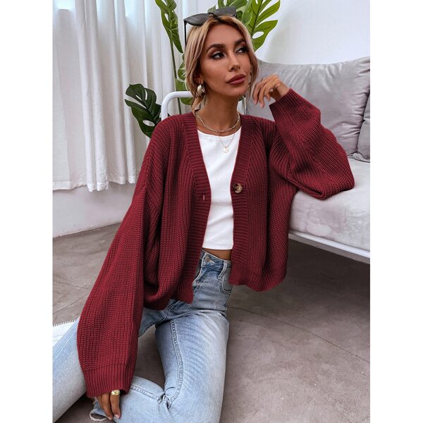 

Drop Shoulder Button Placket Cardigan, Red