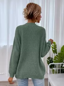 SHEIN LUNE Áo len dệt kim tay dài, kiểu dáng vai rớt, thích hợp mặc mùa thu đông. - Màu xanh Ô liu - Xem 2