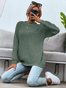 SHEIN LUNE Áo len dệt kim tay dài, kiểu dáng vai rớt, thích hợp mặc mùa thu đông. - Màu xanh Ô liu - Xem 4