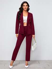 Firerie Notch Collar Double Button Blazer and Tailored Trousers Set - Burgundy - View 1