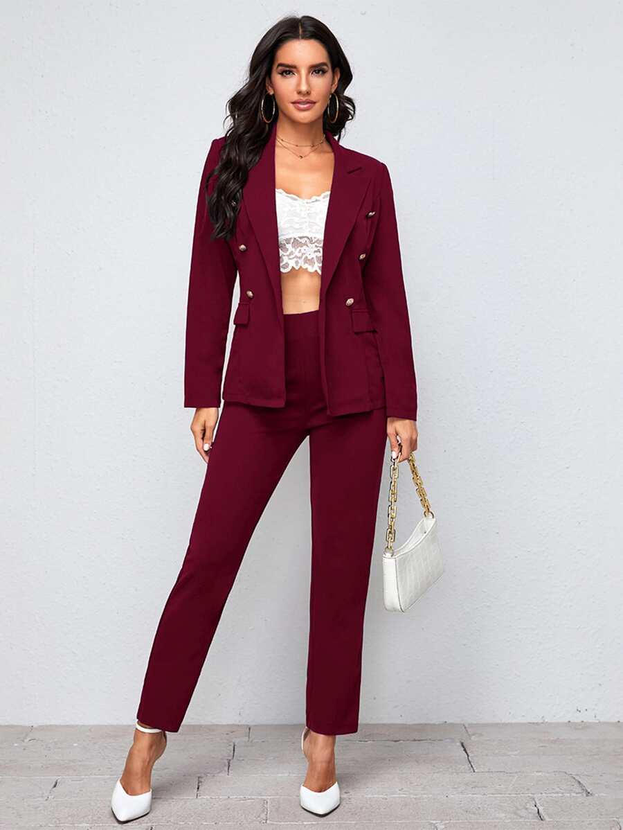 Firerie Notch Collar Double Button Blazer and Tailored Trousers Set - Burgundy - View 1