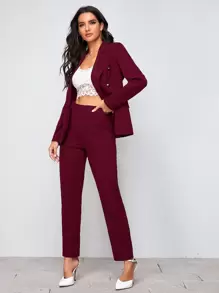 Firerie Notch Collar Double Button Blazer and Tailored Trousers Set - Burgundy - View 3