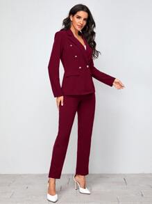 Firerie Notch Collar Double Button Blazer and Tailored Trousers Set - Burgundy - View 5
