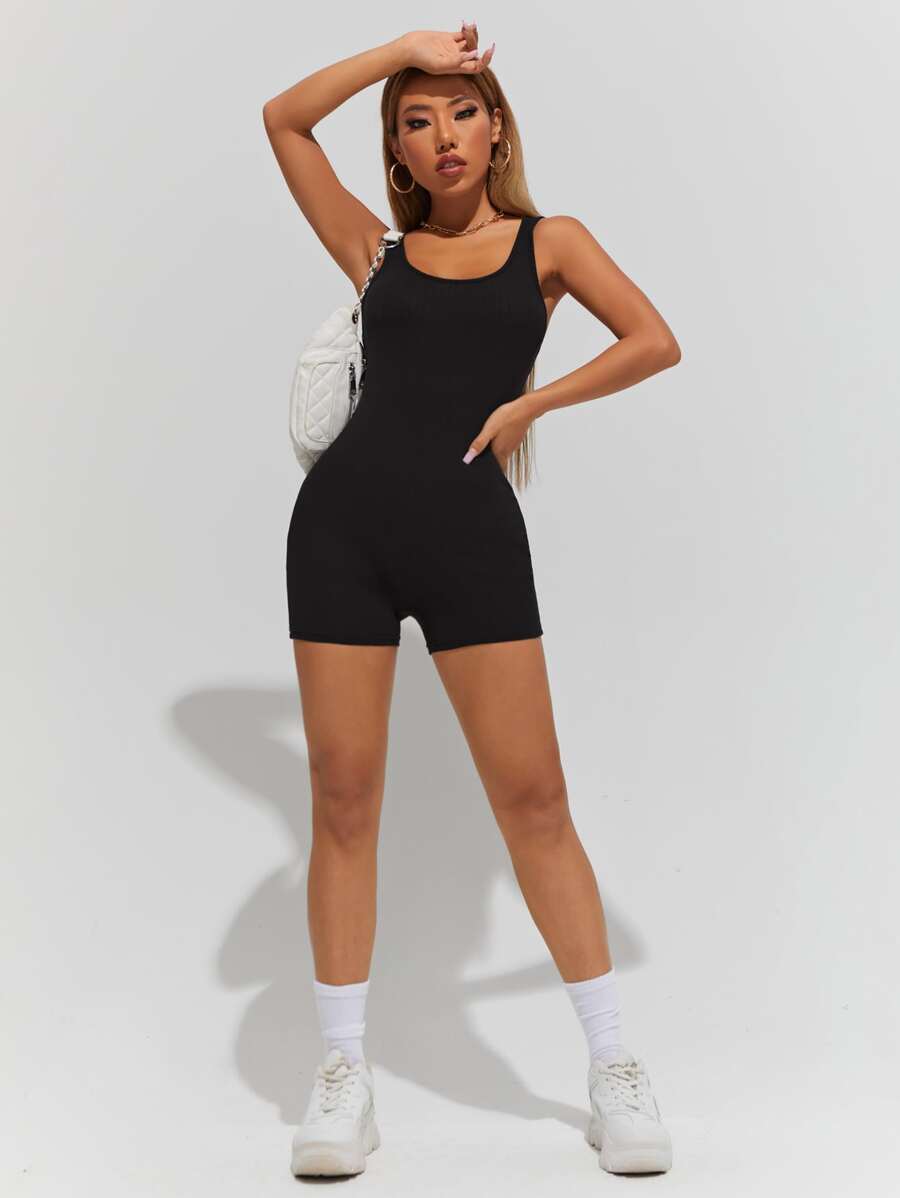 SHEIN PETITE Solid Unitard Black Tank Romper | SHEIN UK