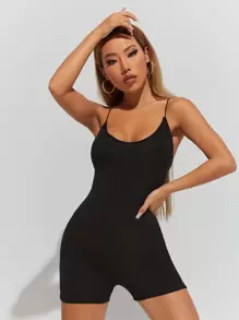 SHEIN PETITE Crisscross Back Unitard Cami Romper - Black - View 1