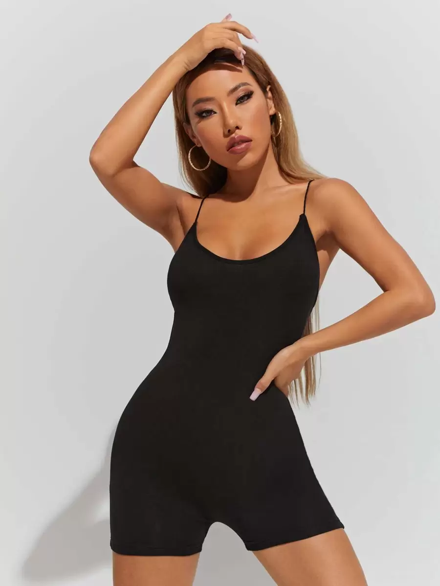 SHEIN PETITE Crisscross Back Unitard Cami Romper - Black - View 1