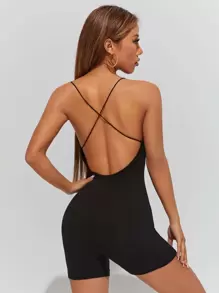 SHEIN PETITE Crisscross Back Unitard Cami Romper - Black - View 2