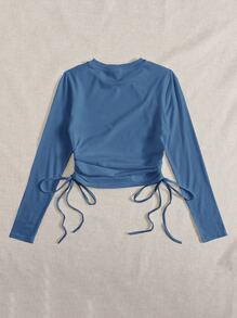 SHEIN EZwear Áo thun nữ Dây kéo Xù màu trơn Giải trí - Màu xanh bụi bặm - Xem 2