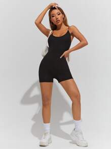SHEIN PETITE Crisscross Back Unitard Cami Romper - Black - View 3