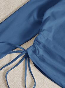 SHEIN EZwear Áo thun nữ Dây kéo Xù màu trơn Giải trí - Màu xanh bụi bặm - Xem 4