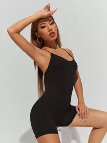 SHEIN PETITE Crisscross Back Unitard Cami Romper - Black - View 5