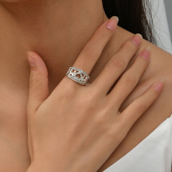 

Rhinestone Heart Decor Ring, Silver