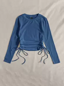 SHEIN EZwear Áo thun nữ Dây kéo Xù màu trơn Giải trí - Màu xanh bụi bặm - Xem 5