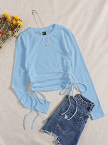 Muchica Áo thun Dây kéo Thắt nút Xù màu trơn Giải trí - Màu xanh nhạt - Xem 1