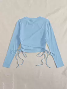 Muchica Áo thun Dây kéo Thắt nút Xù màu trơn Giải trí - Màu xanh nhạt - Xem 2