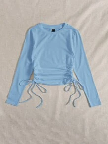 Muchica Áo thun Dây kéo Thắt nút Xù màu trơn Giải trí - Màu xanh nhạt - Xem 4