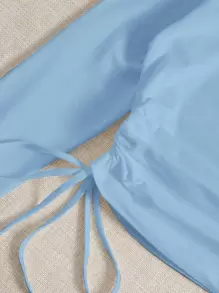 Muchica Áo thun Dây kéo Thắt nút Xù màu trơn Giải trí - Màu xanh nhạt - Xem 5