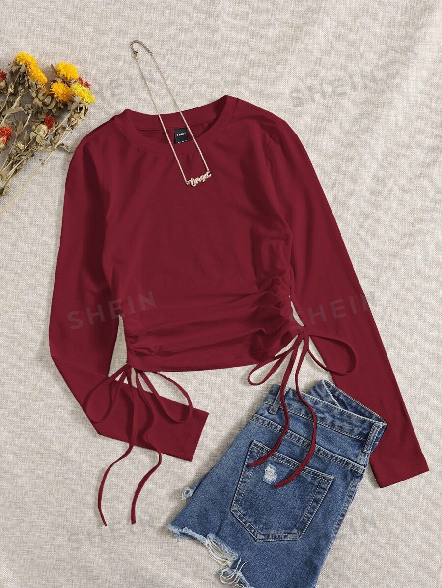 SHEIN EZwear Tricou cu șnur cu volan - Burgundia - Vizualizare 1
