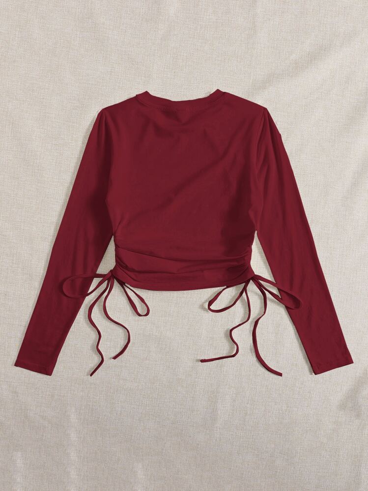 SHEIN EZwear 抽繩褶邊純色T恤 - 酒紅色 - 查看 2