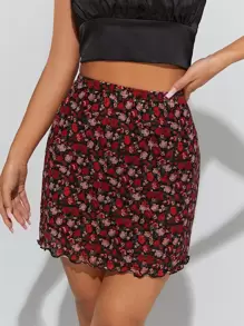 SHEIN PETITE Floral Print Lettuce Trim Mesh Bodycon Skirt - Multicolor - View 4