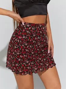 SHEIN PETITE Floral Print Lettuce Trim Mesh Bodycon Skirt - Multicolor - View 5