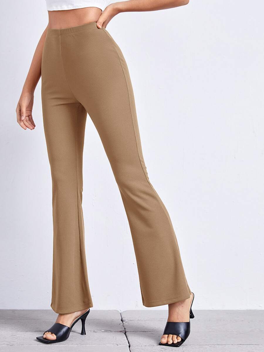 SHEIN Essnce Flare Leg Solid Trousers - Khaki - View 1
