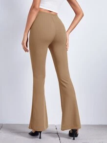 SHEIN Essnce Flare Leg Solid Trousers - Khaki - View 2