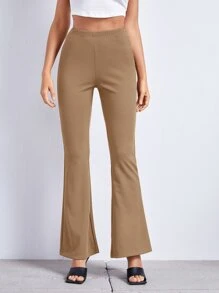 SHEIN Essnce Flare Leg Solid Trousers - Khaki - View 3