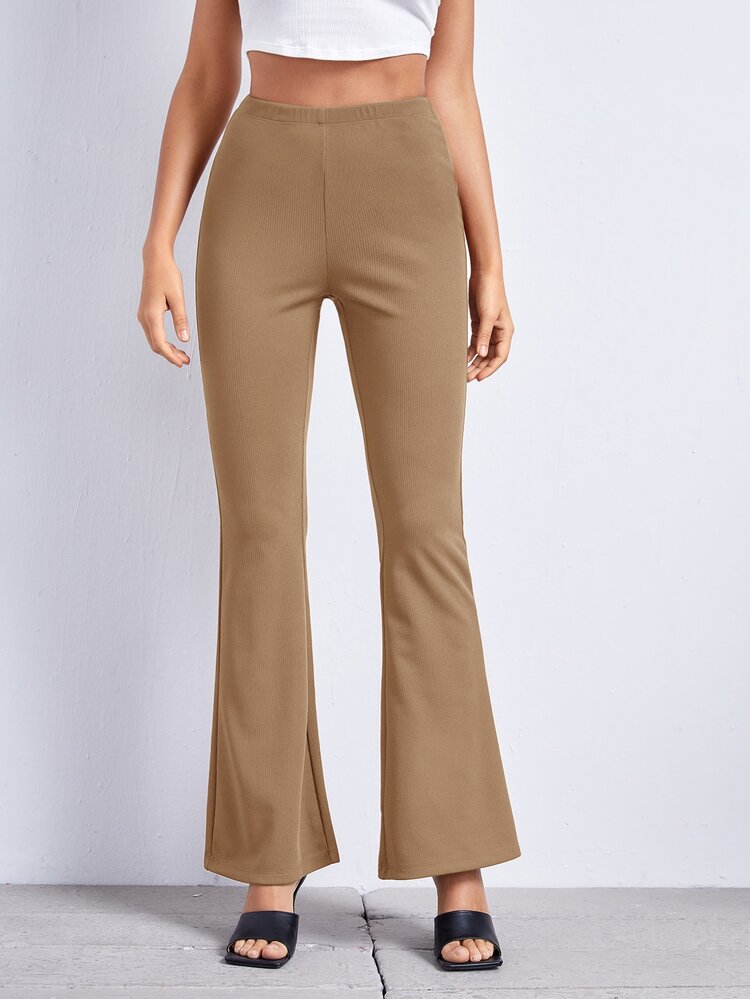 SHEIN Essnce Flare Leg Solid Trousers - Khaki - View 3