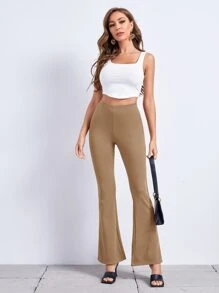 SHEIN Essnce Flare Leg Solid Trousers - Khaki - View 5
