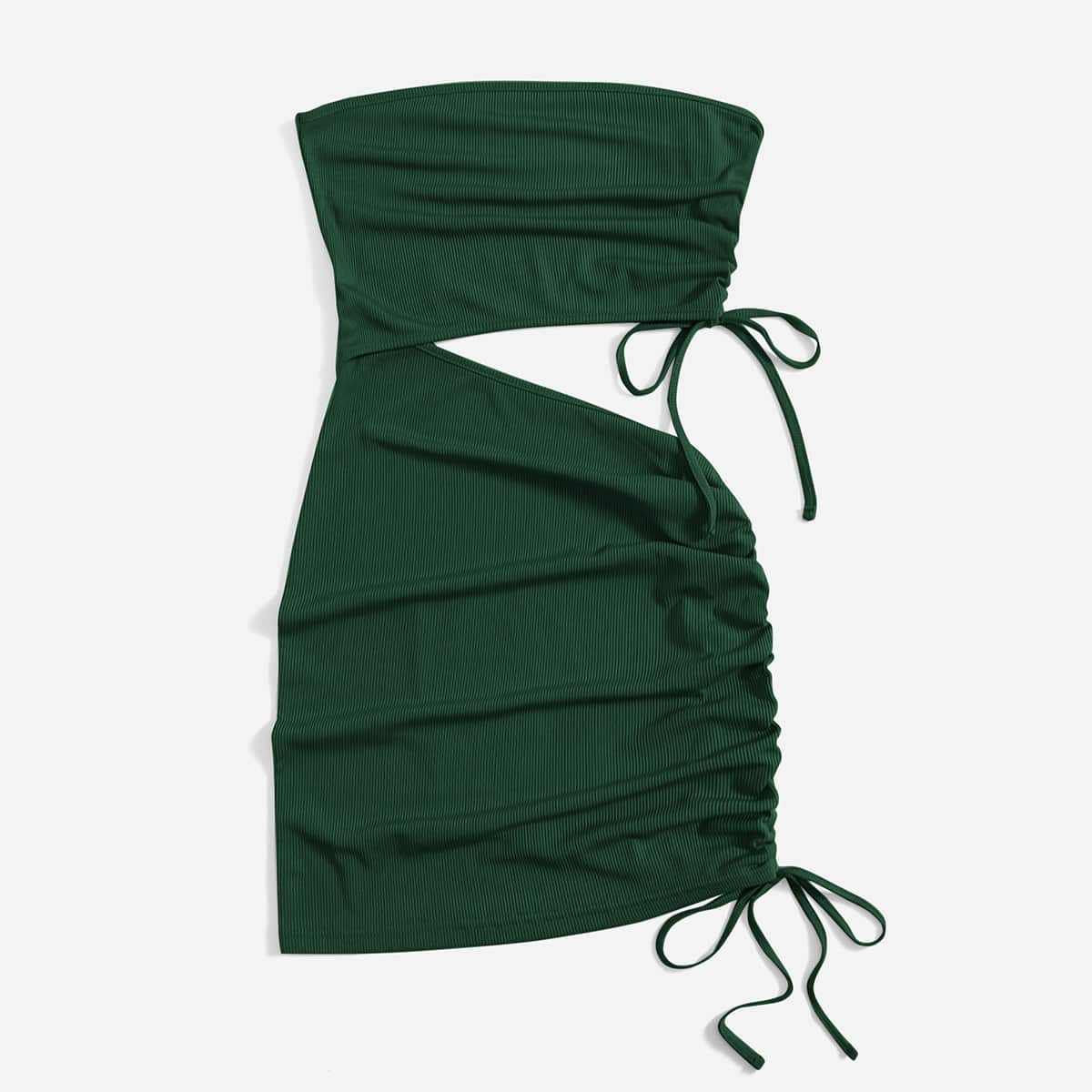 

Solid Cut Out Drawstring Ruched Bodycon Dress, Dark green