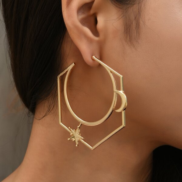 

Moon & Star Decor Hoop Earrings, Gold