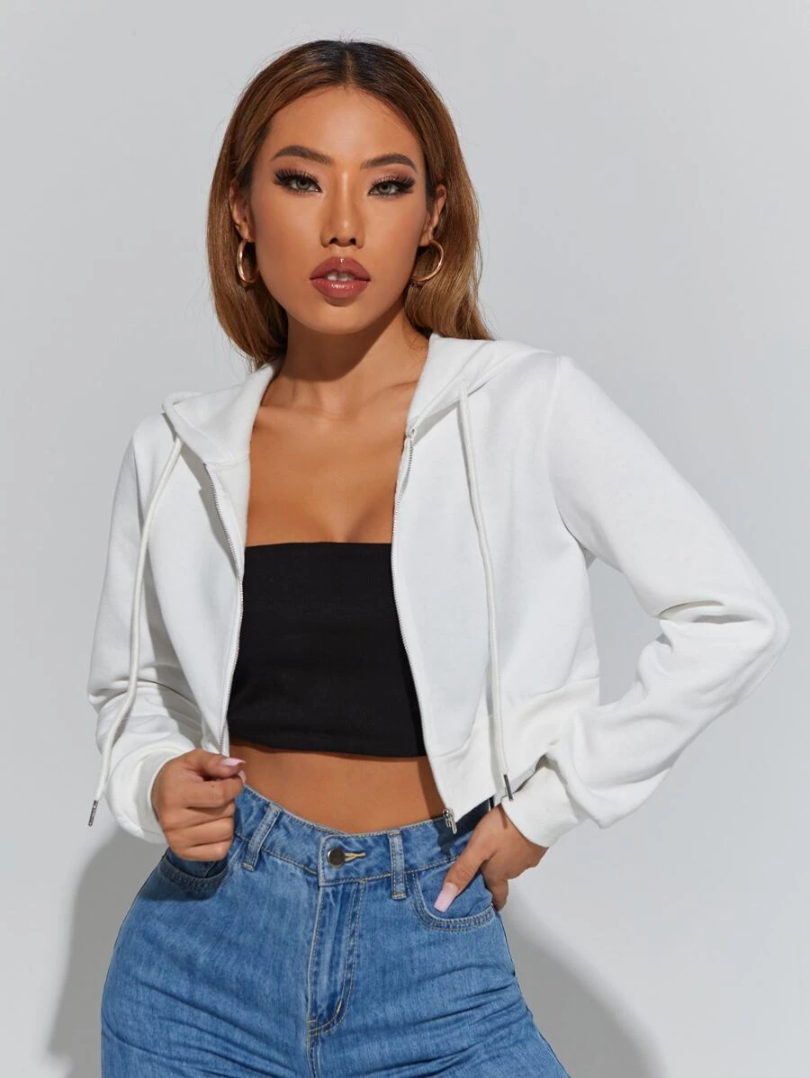 SHEIN PETITE 素色拉鏈開襟抽繩連帽衫 - 白色 - 查看 1