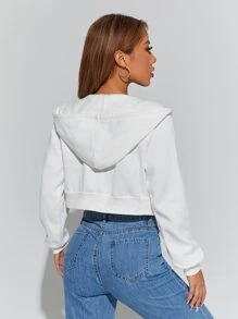 SHEIN PETITE 素色拉鏈開襟抽繩連帽衫 - 白色 - 查看 2