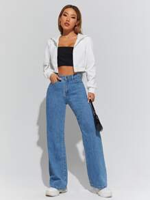 SHEIN PETITE 素色拉鏈開襟抽繩連帽衫 - 白色 - 查看 4