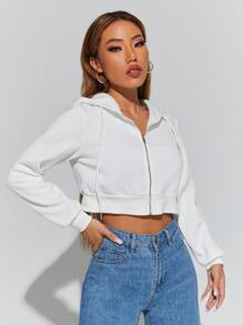 SHEIN PETITE 素色拉鏈開襟抽繩連帽衫 - 白色 - 查看 5