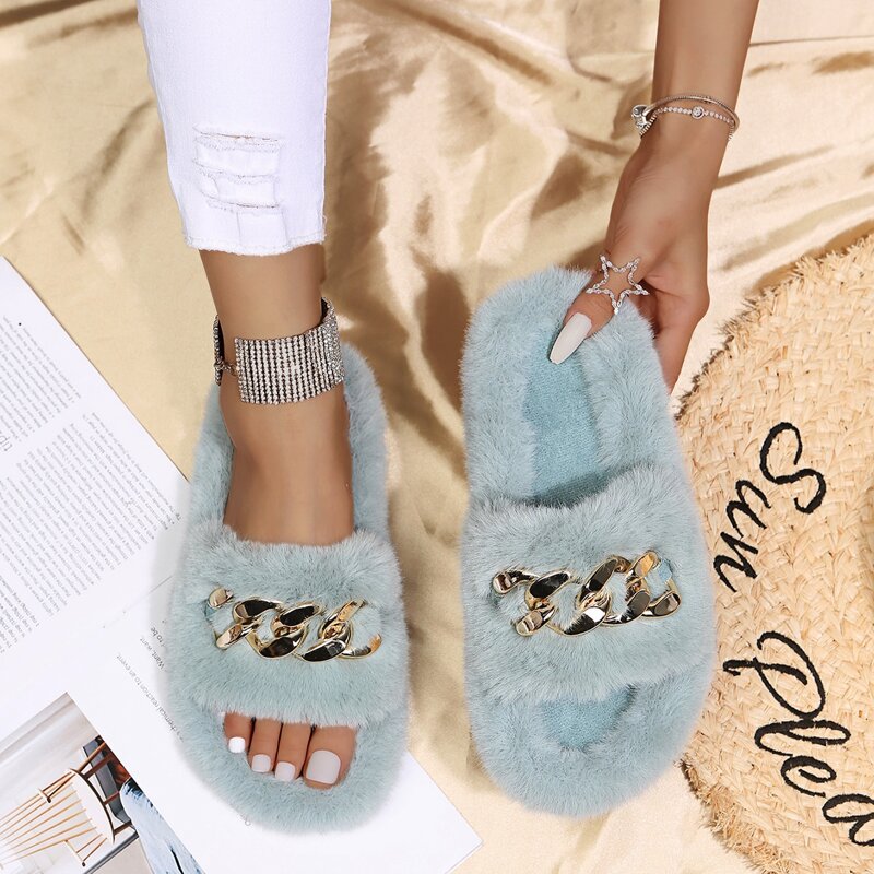 

Chain Decor Fluffy Slippers, Green